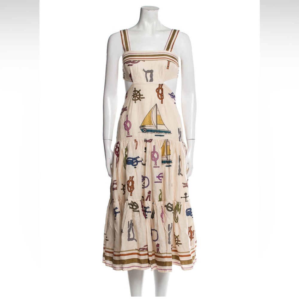 Alemais Cream Nautical Print Midi Dress with Multicolor Embroidery